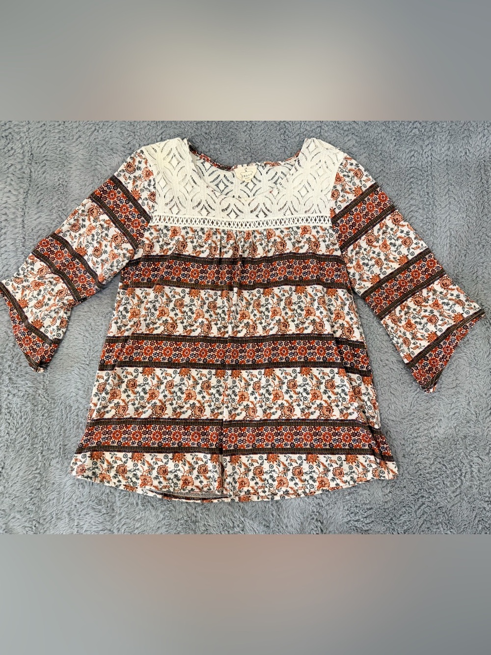 Boho Floral Lace-Trim Women’s PeplumTop in Rust and White